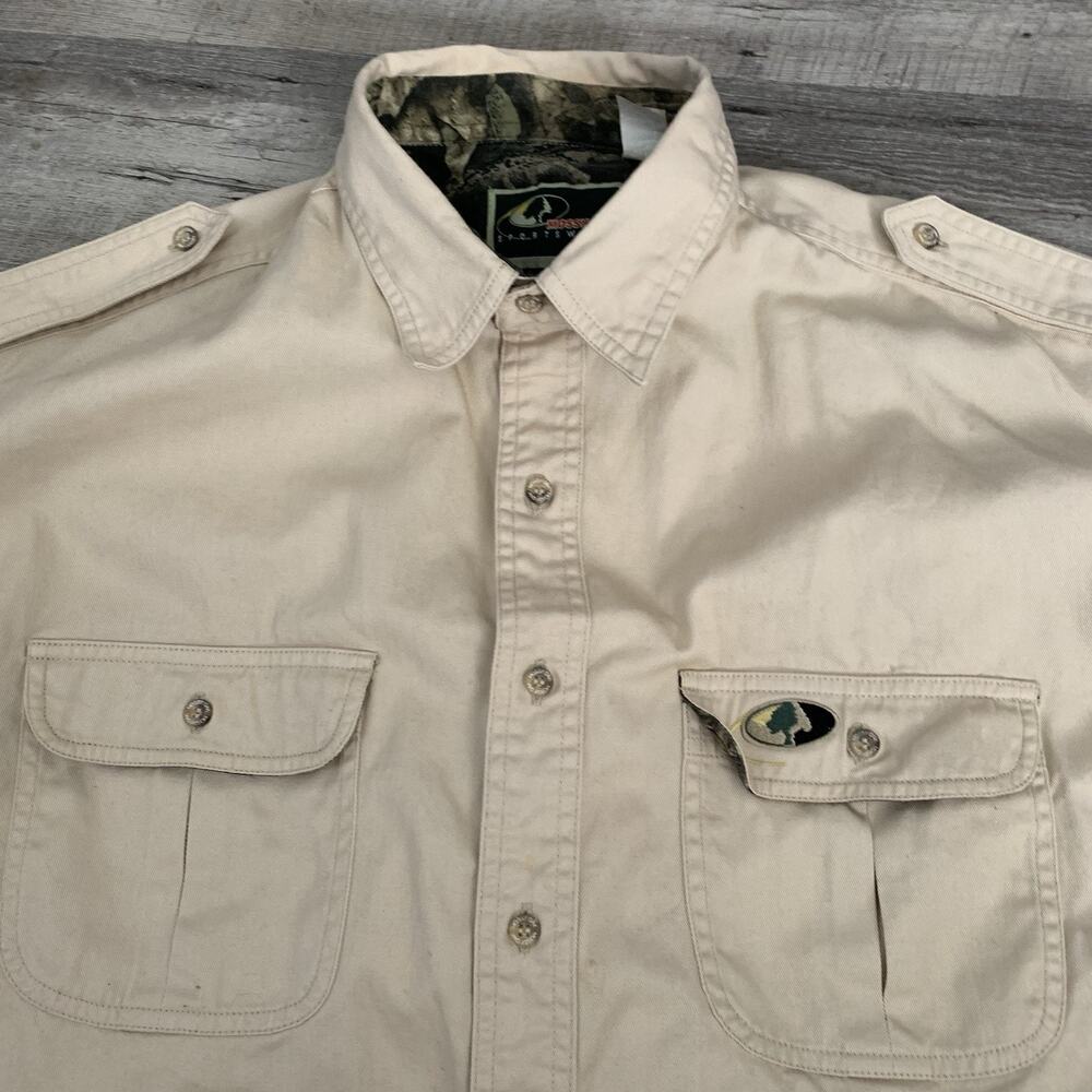 Mossy Oak Shirt Mens XL Tan Camo Trim Long Sleeve Cotton Hunting Utility Safari